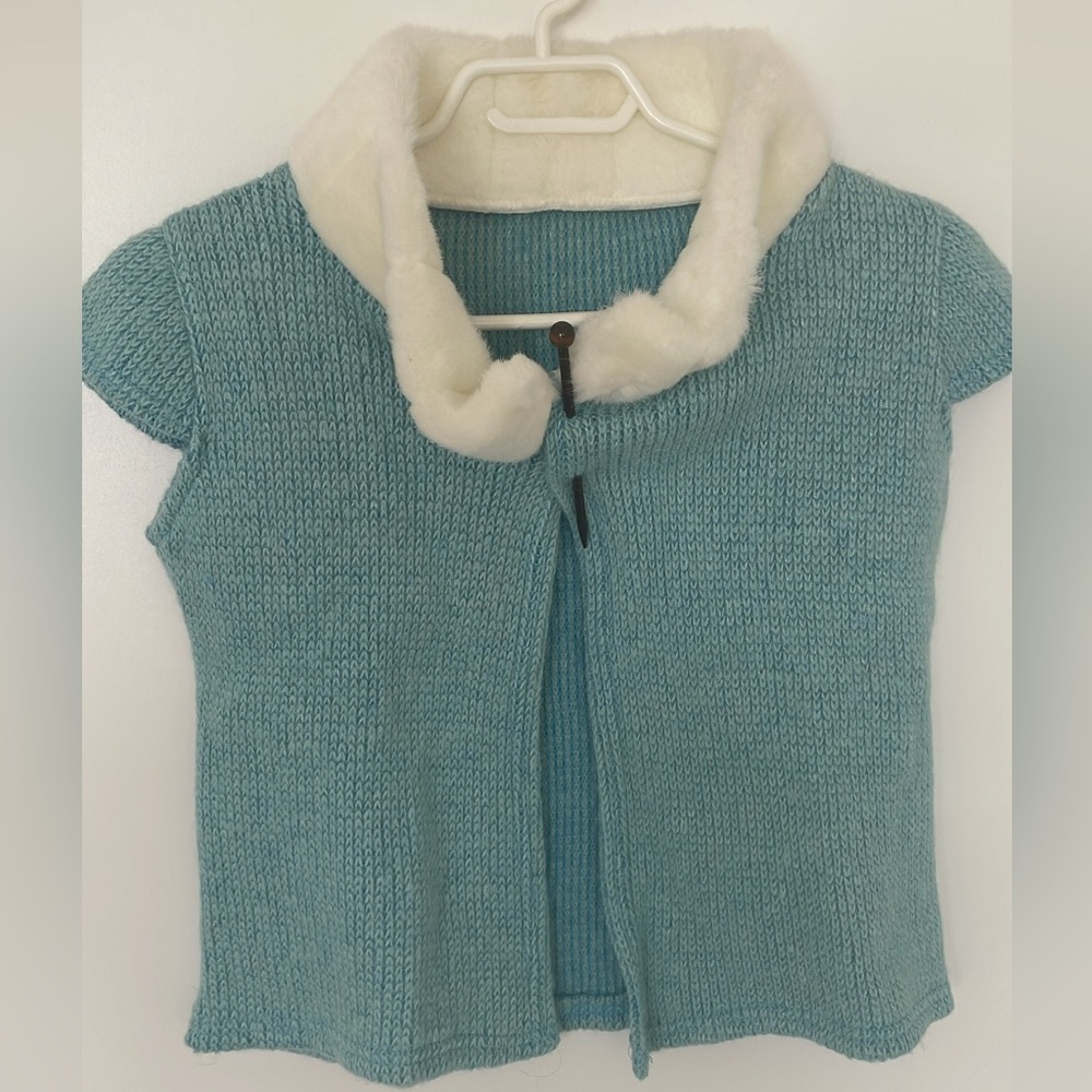 Cozy Blue Knit Cardigan with Faux Fur Collar
